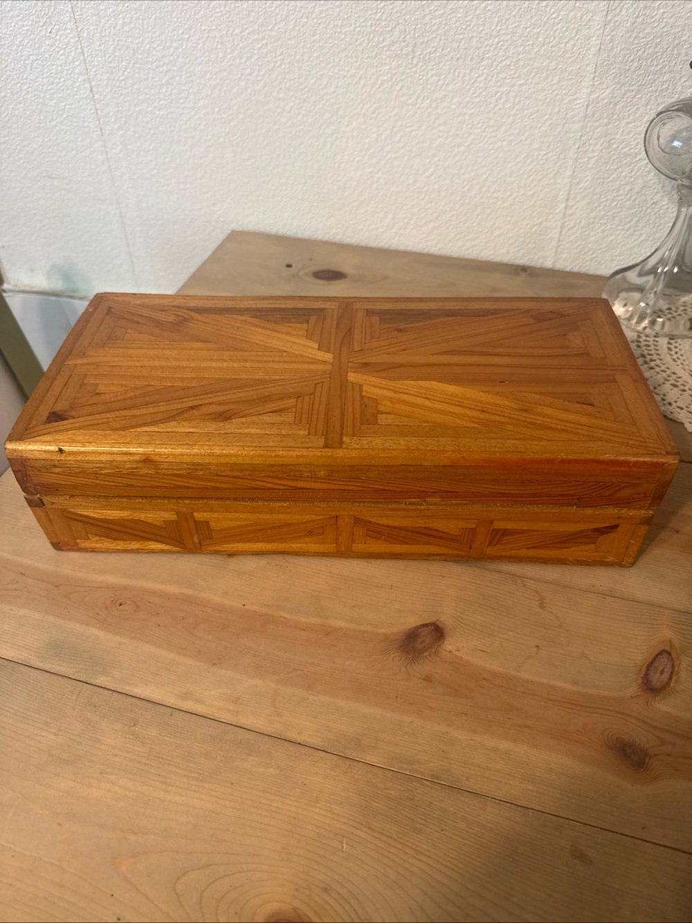 Vintage handmade wooden box featuring a geometric parquet style design Mexico